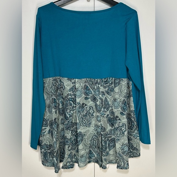 DG2 Diane Gilman Women Large Teal Blue Crew Neck Flowy Paisley Long Sleeve Top - Picture 3 of 8